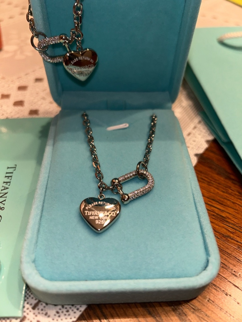Tiffany & Co. Silver Heart Tag Necklace, and Bracelet Set with Blue Box